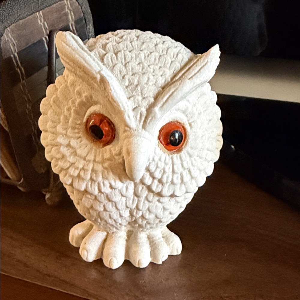 White Ceramic Owl Figurine with Amber Eyes - Home Art Decor